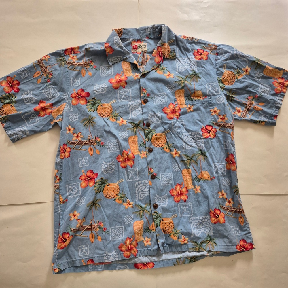 Hilo Hattie The Hawaiian Original Blue Tiki Hibiscus Print Shirt Mens XL Cotton
